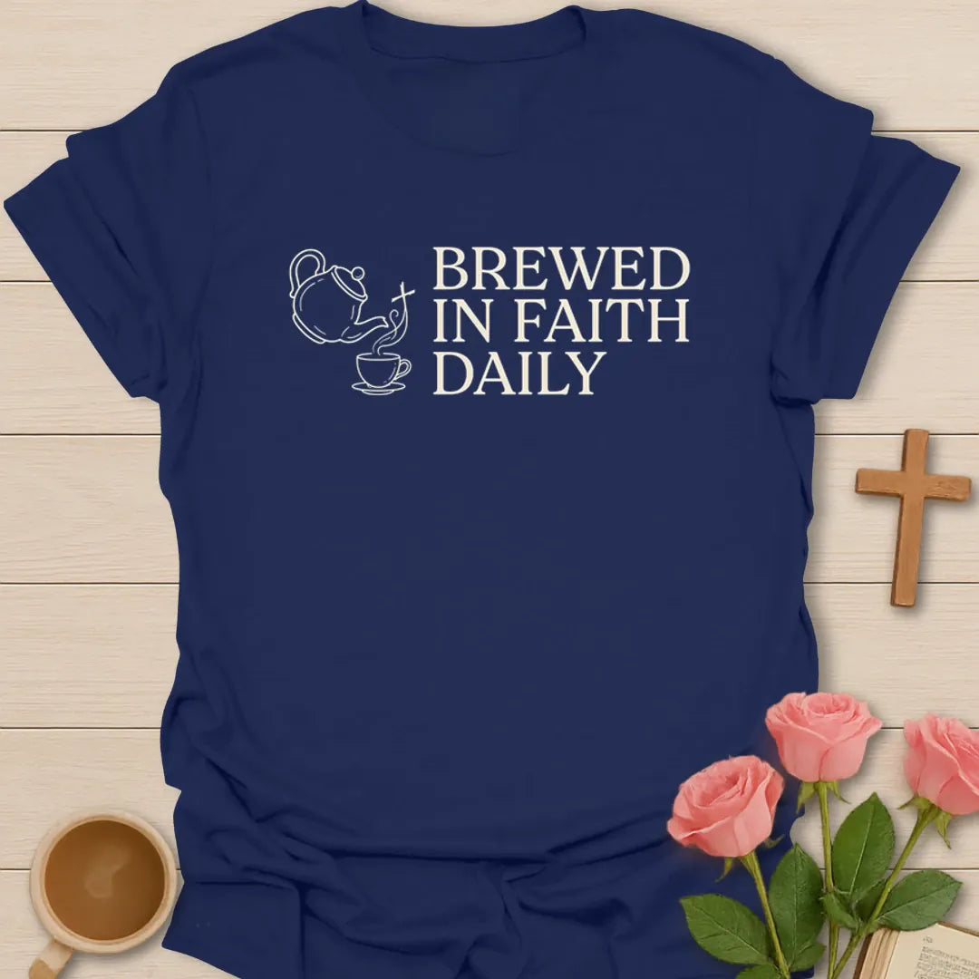 Brewed In Faith Daily Christian tea shirt with teapot, teacup, steam, and white vintage lettering - Navy