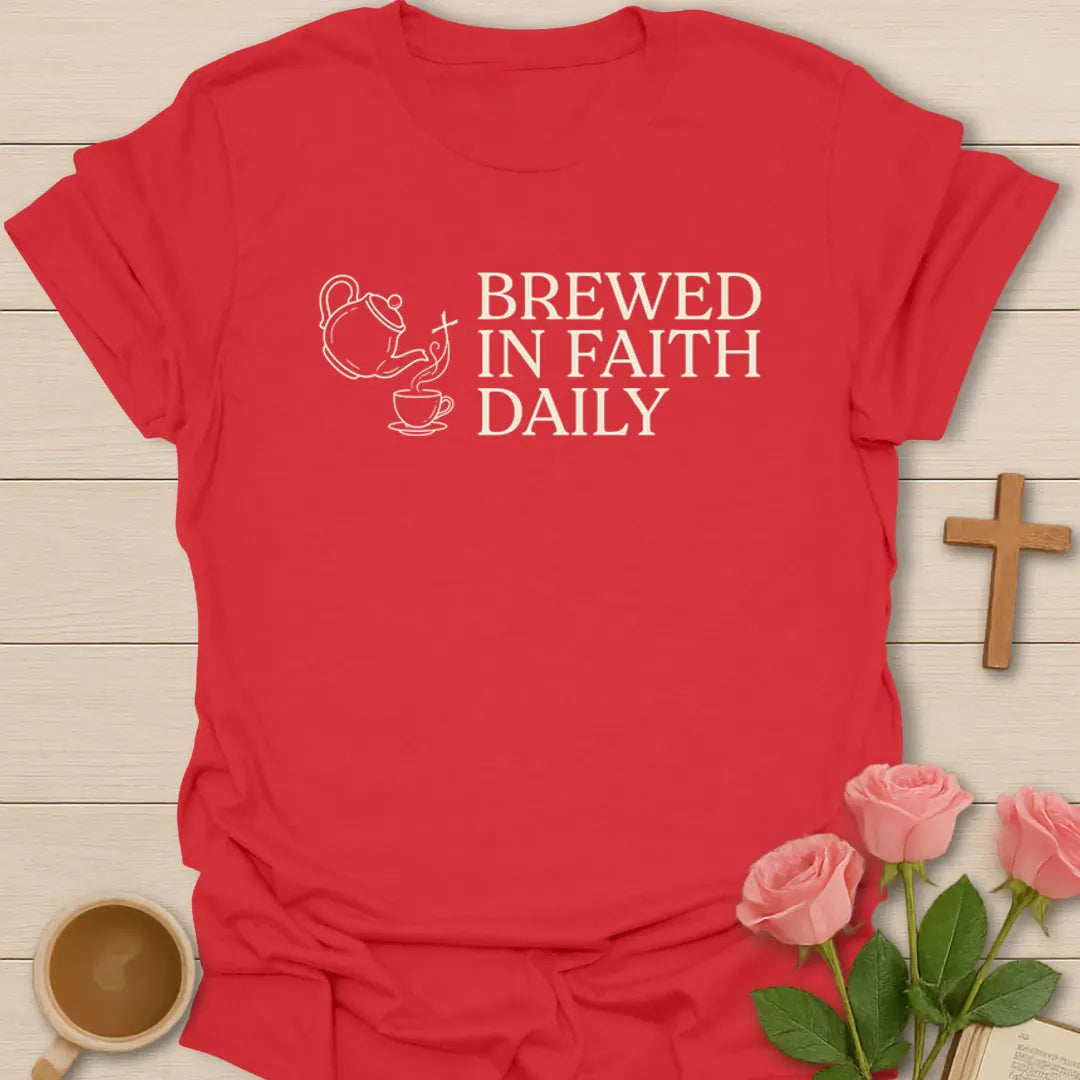 Brewed In Faith Daily Christian tea shirt with teapot, teacup, steam, and white vintage lettering - Red