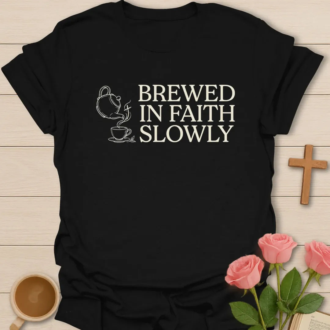 Brewed In Faith Slowly Christian tea shirt with teapot, teacup, steam, and vintage lettering - Black