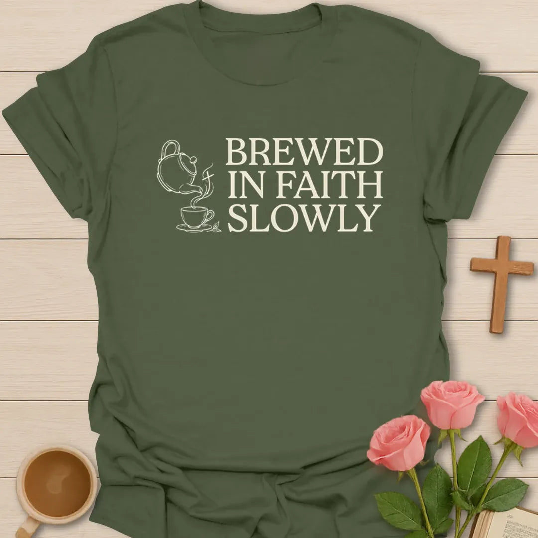 Brewed In Faith Slowly Christian tea shirt with teapot, teacup, steam, and vintage lettering - Military Green