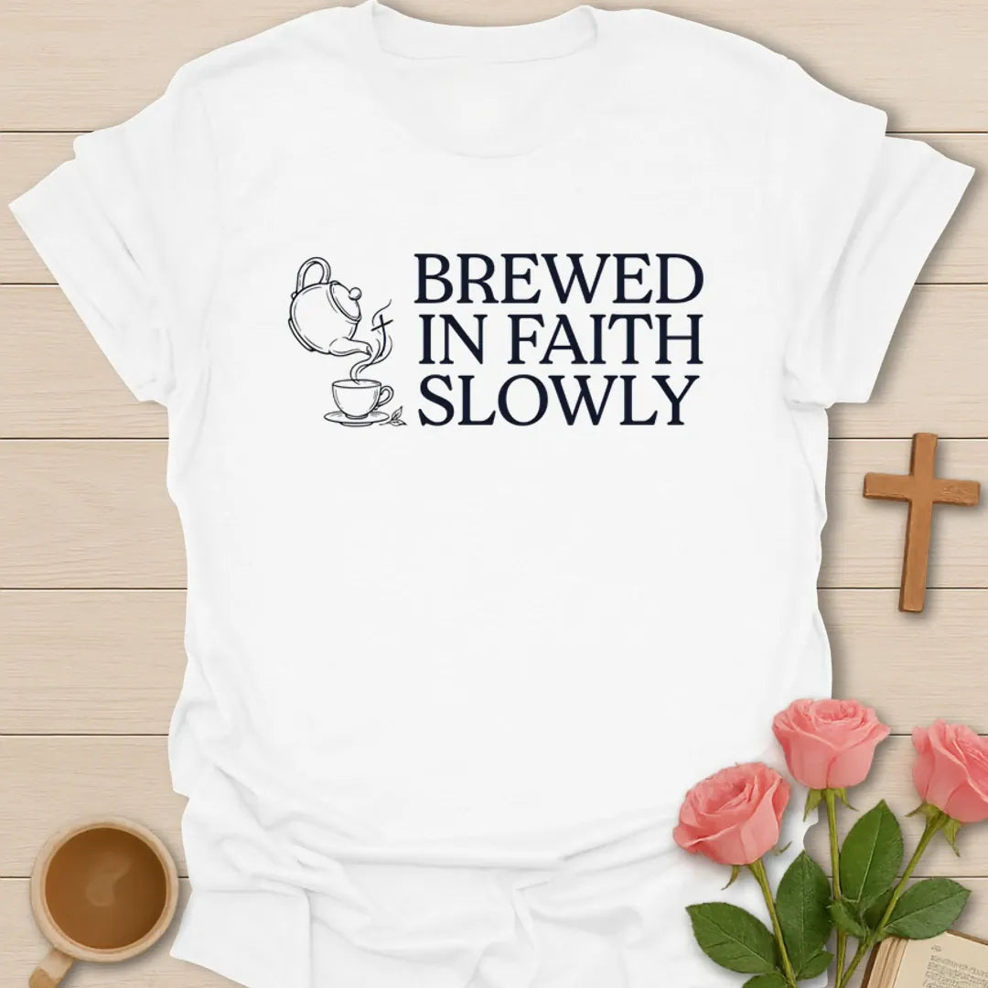 Brewed In Faith Slowly Christian tea shirt with teapot, teacup, steam, and vintage lettering - White
