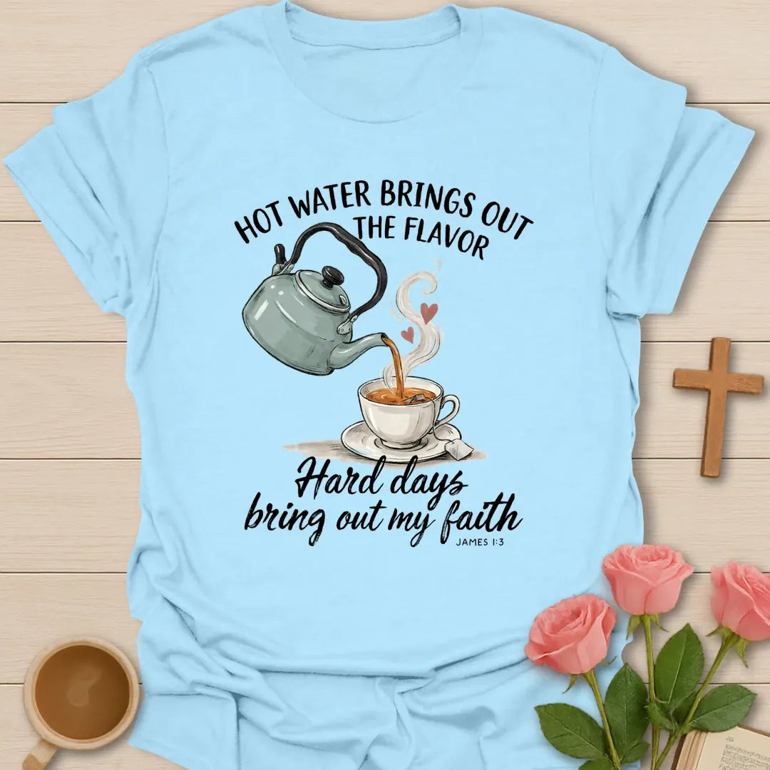 Bring Out The Flavor Christian t-shirt with faith-inspired tea lettering design - Light Blue