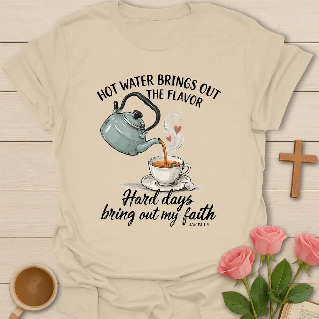 Bring Out The Flavor Christian t-shirt with faith-inspired tea lettering design - Sand