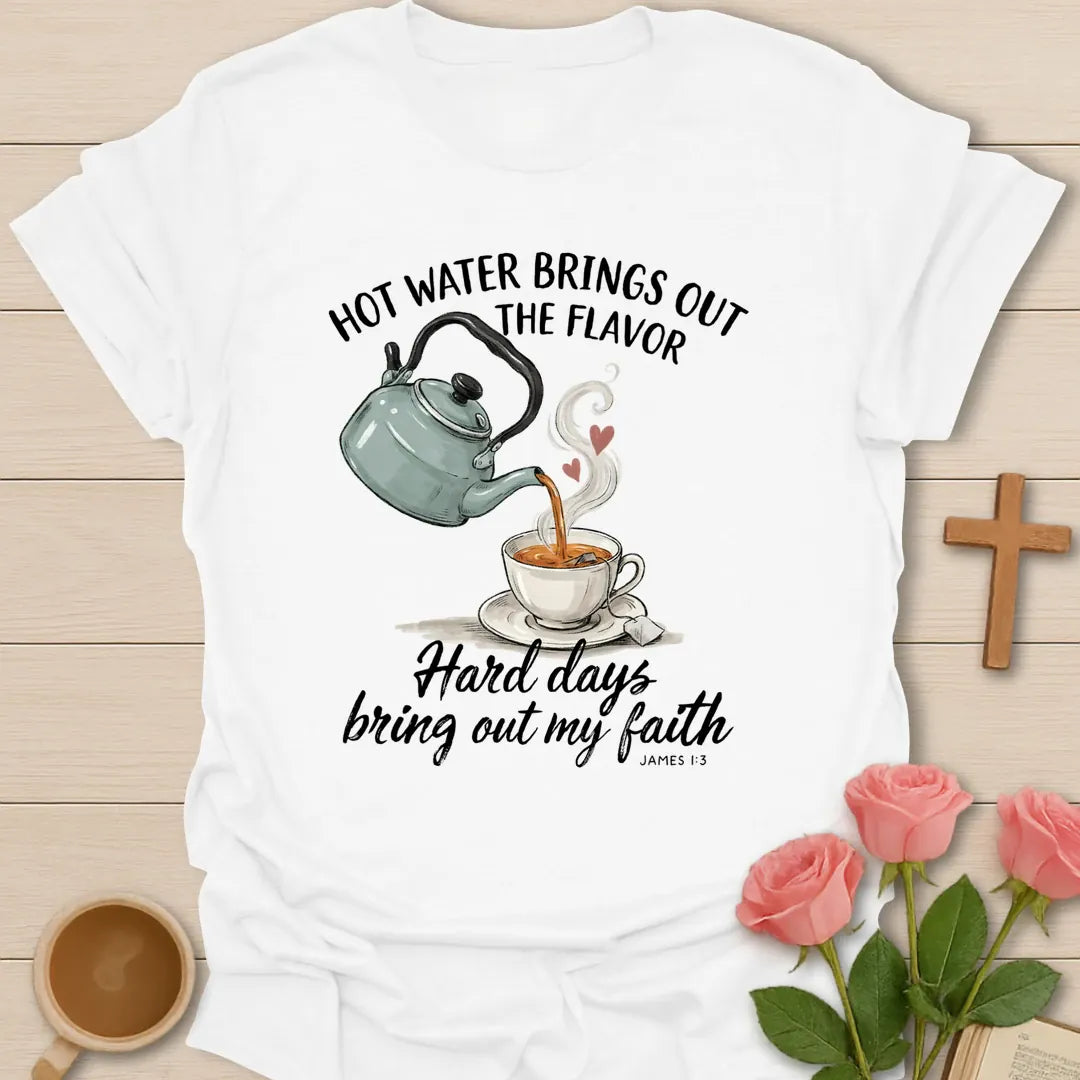 Bring Out The Flavor Christian t-shirt with faith-inspired tea lettering design - White