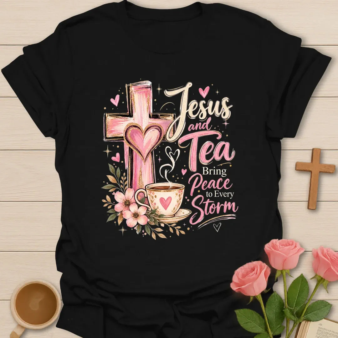 Bringing Peace Christian tea t-shirt with peaceful lettering and faith-inspired design. - Black
