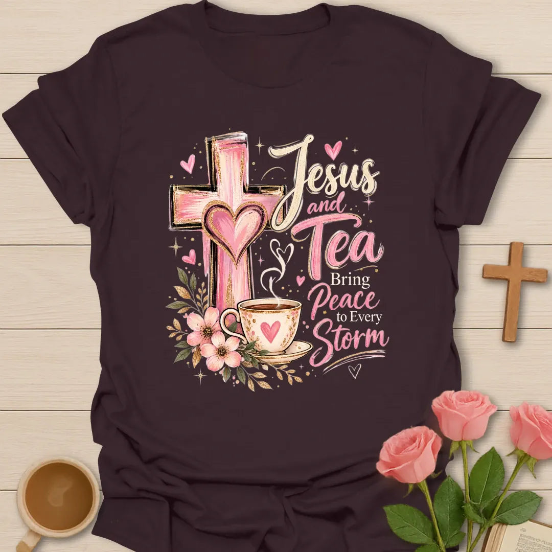 Bringing Peace Christian tea t-shirt with peaceful lettering and faith-inspired design. - Dark Chocolate