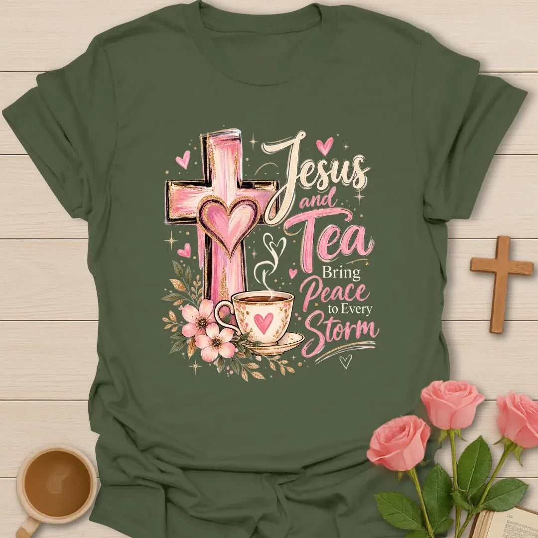 Bringing Peace Christian tea t-shirt with peaceful lettering and faith-inspired design. - Military Green