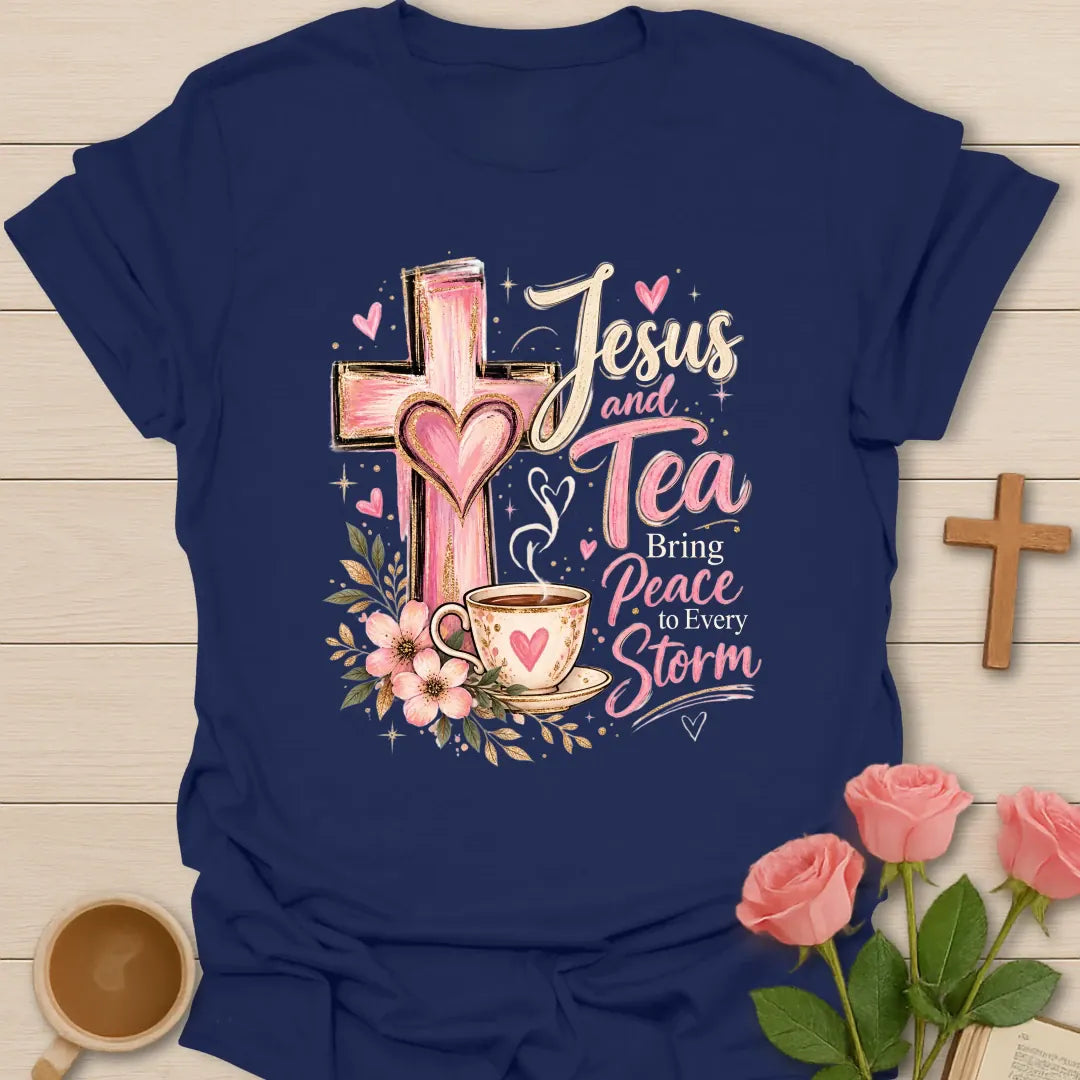 Bringing Peace Christian tea t-shirt with peaceful lettering and faith-inspired design. - Navy