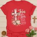 Bringing Peace Christian tea t-shirt with peaceful lettering and faith-inspired design. - Red