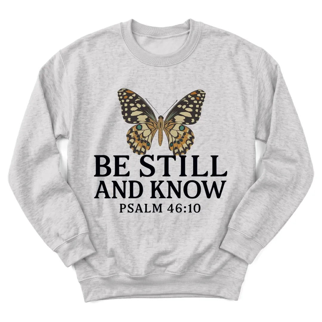 Butterfly Stillness sweatshirt with butterfly and gentle Scripture lettering - Ash