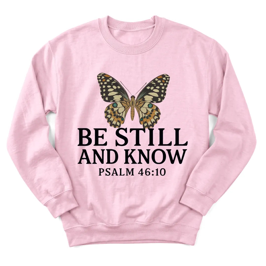 Butterfly Stillness sweatshirt with butterfly and gentle Scripture lettering - Light Pink