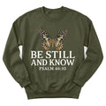 Butterfly Stillness sweatshirt with butterfly and gentle Scripture lettering - Military Green