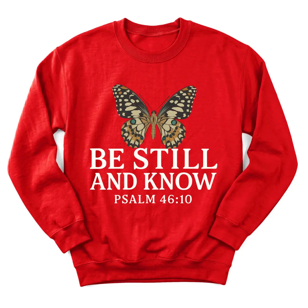 Butterfly Stillness sweatshirt with butterfly and gentle Scripture lettering - Red