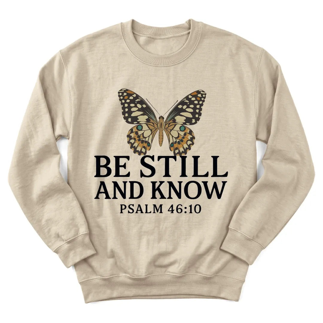 Butterfly Stillness sweatshirt with butterfly and gentle Scripture lettering - Sand
