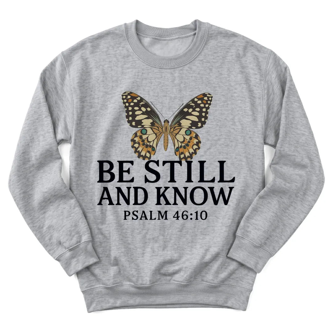 Butterfly Stillness sweatshirt with butterfly and gentle Scripture lettering - Sport Grey