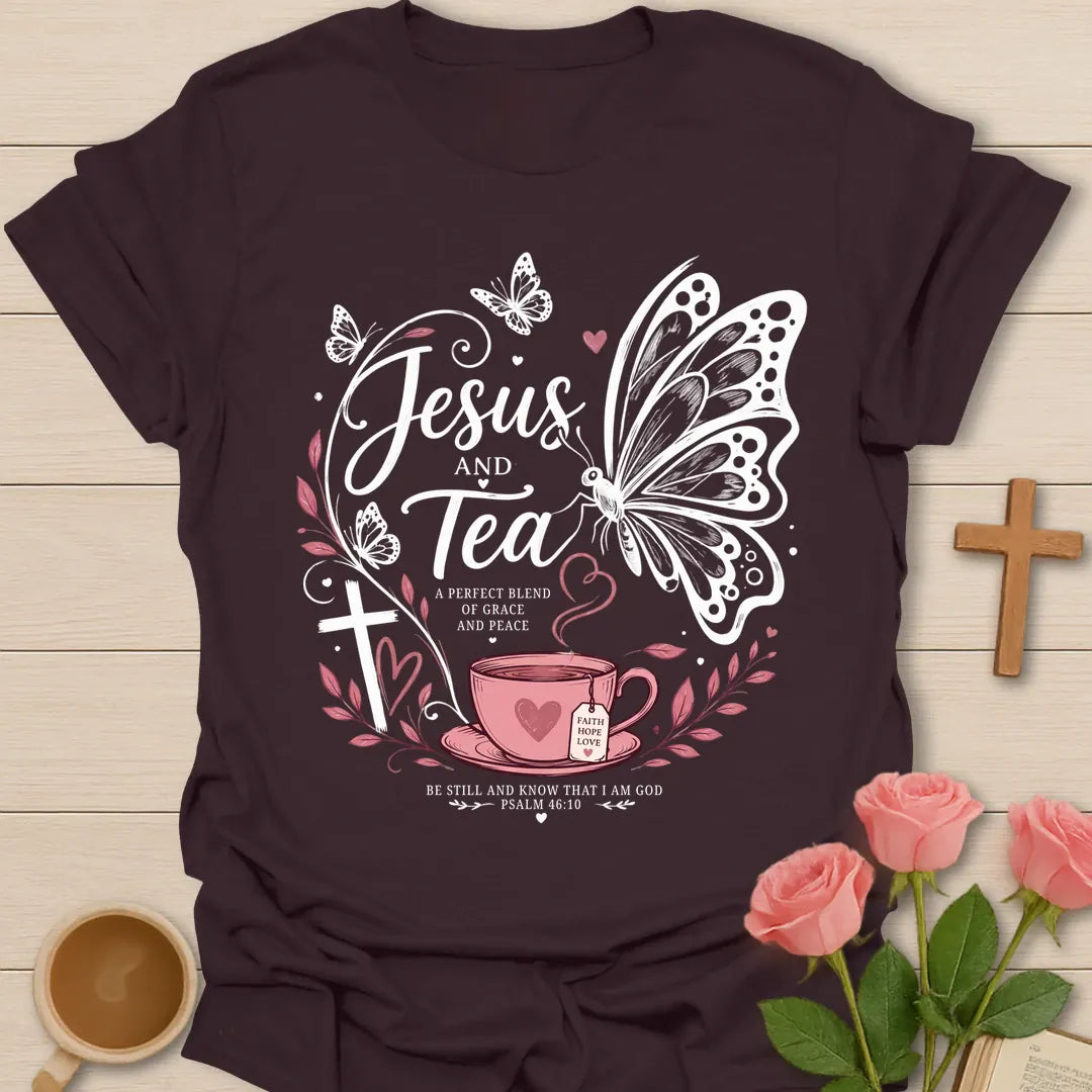 Butterfly Jesus and Tea shirt with pink teacup, butterfly, cross, hearts, leaves, and Psalm 46:10 text. - Dark Chocolate