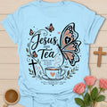 Butterfly Jesus and Tea shirt with pink teacup, butterfly, cross, hearts, leaves, and Psalm 46:10 text. - Light Blue