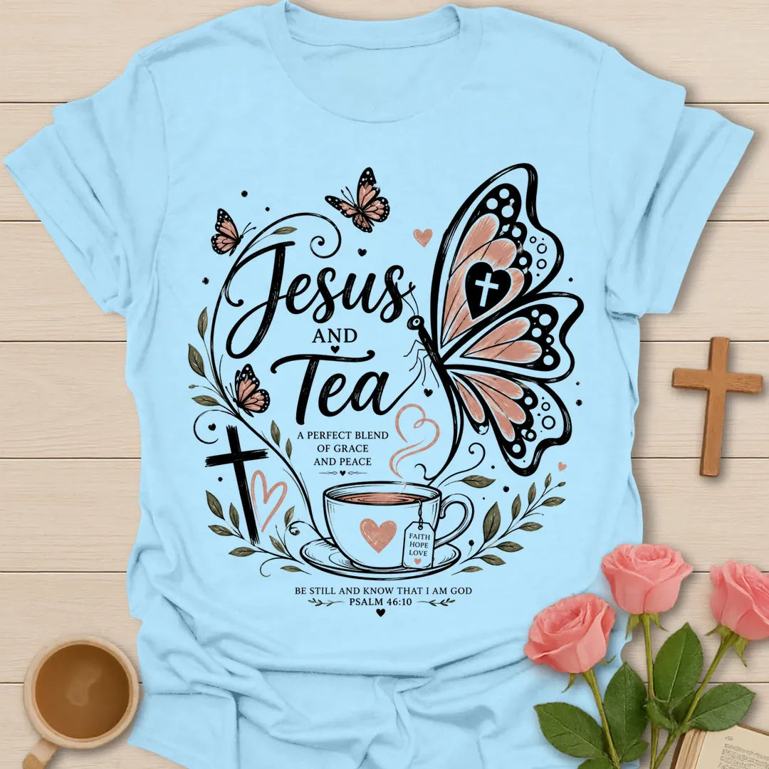 Butterfly Jesus and Tea shirt with pink teacup, butterfly, cross, hearts, leaves, and Psalm 46:10 text. - Light Blue