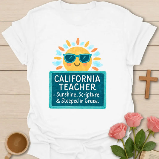 California Teacher shirt with smiling sun in sunglasses, teal sign, white handwritten lettering, and bright watercolor-style colors. - White