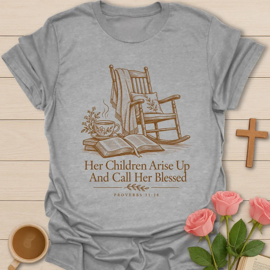 Her Children Arise Up And Call Her Blessed Proverbs 31:28 t-shirt with an engraved rocking chair, open Bible and teacup - Sport Grey