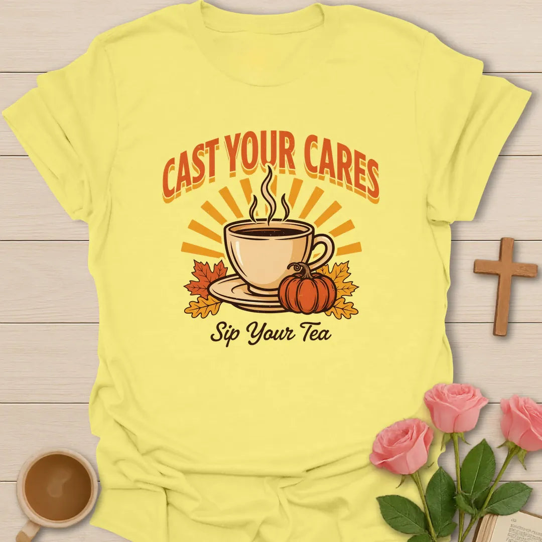 Cast Your Cares t-shirt with faith-inspired lettering - Cornsilk