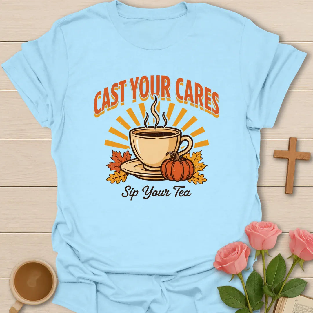 Cast Your Cares t-shirt with faith-inspired lettering - Light Blue