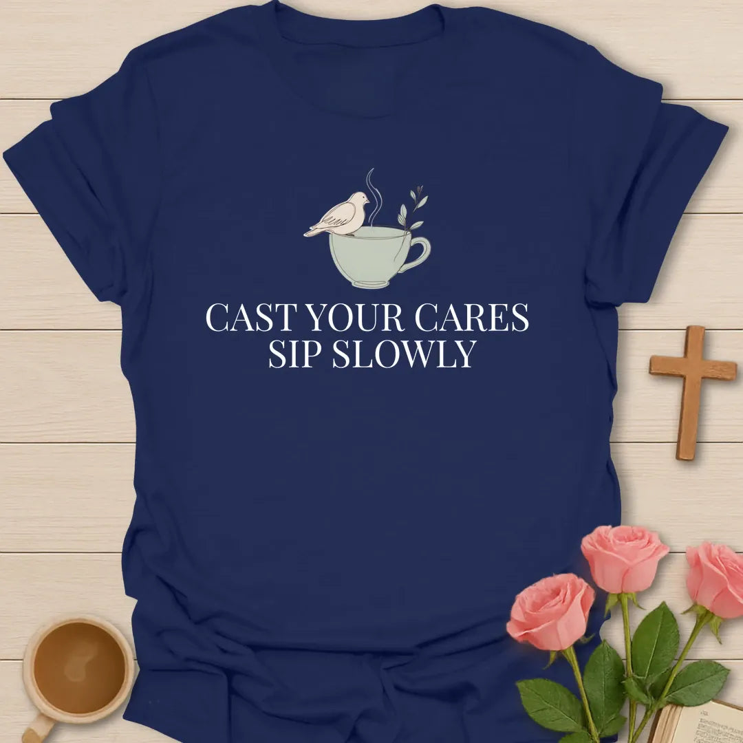 Cast Your Cares Sip Slowly minimalist Christian t-shirt with a white dove perched on a steaming sage teacup - Navy