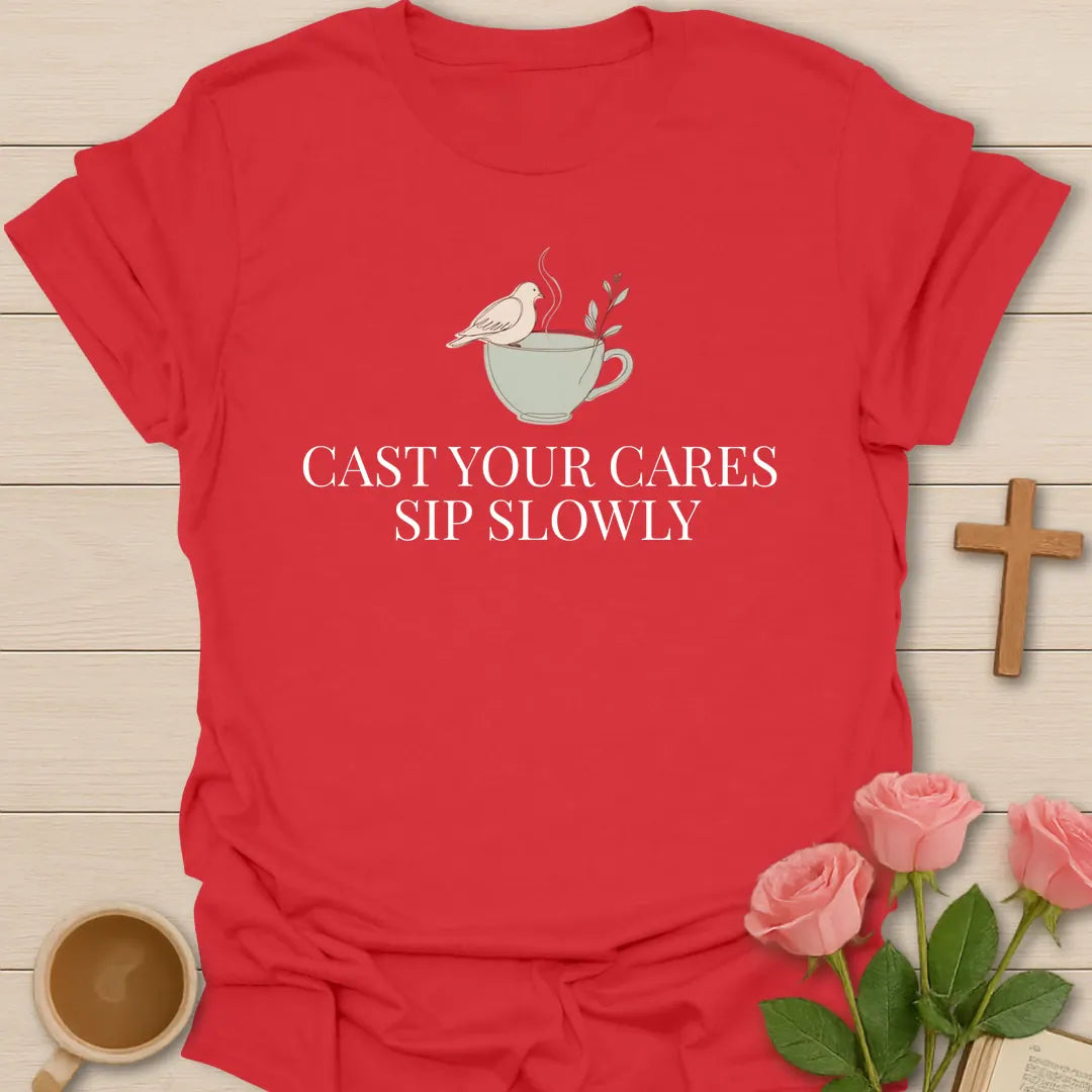 Cast Your Cares Sip Slowly minimalist Christian t-shirt with a white dove perched on a steaming sage teacup - Red
