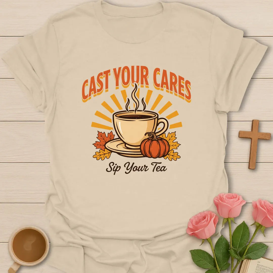 Cast Your Cares t-shirt with faith-inspired lettering - Sand