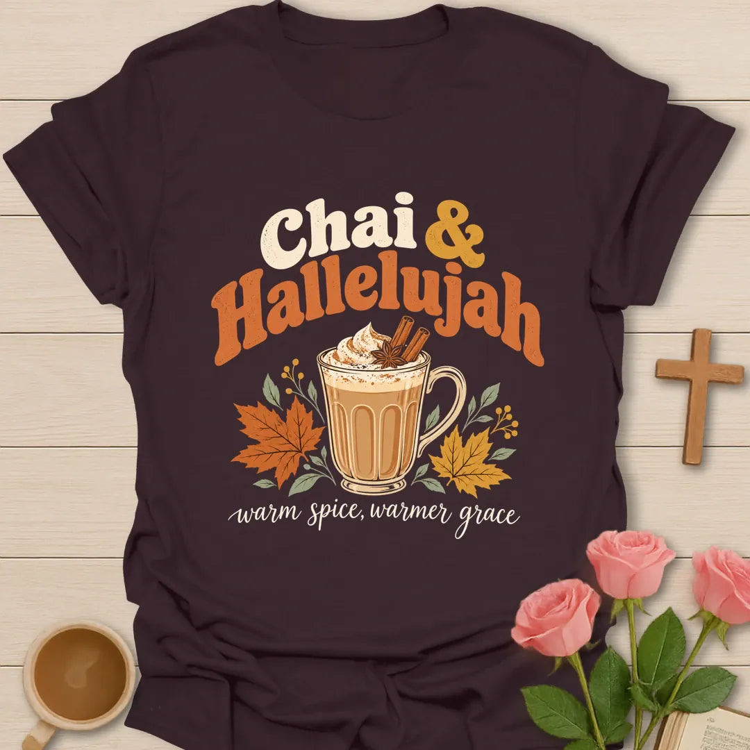 Chai & Hallelujah Christian t-shirt with tea-inspired lettering and faith design - Dark Chocolate