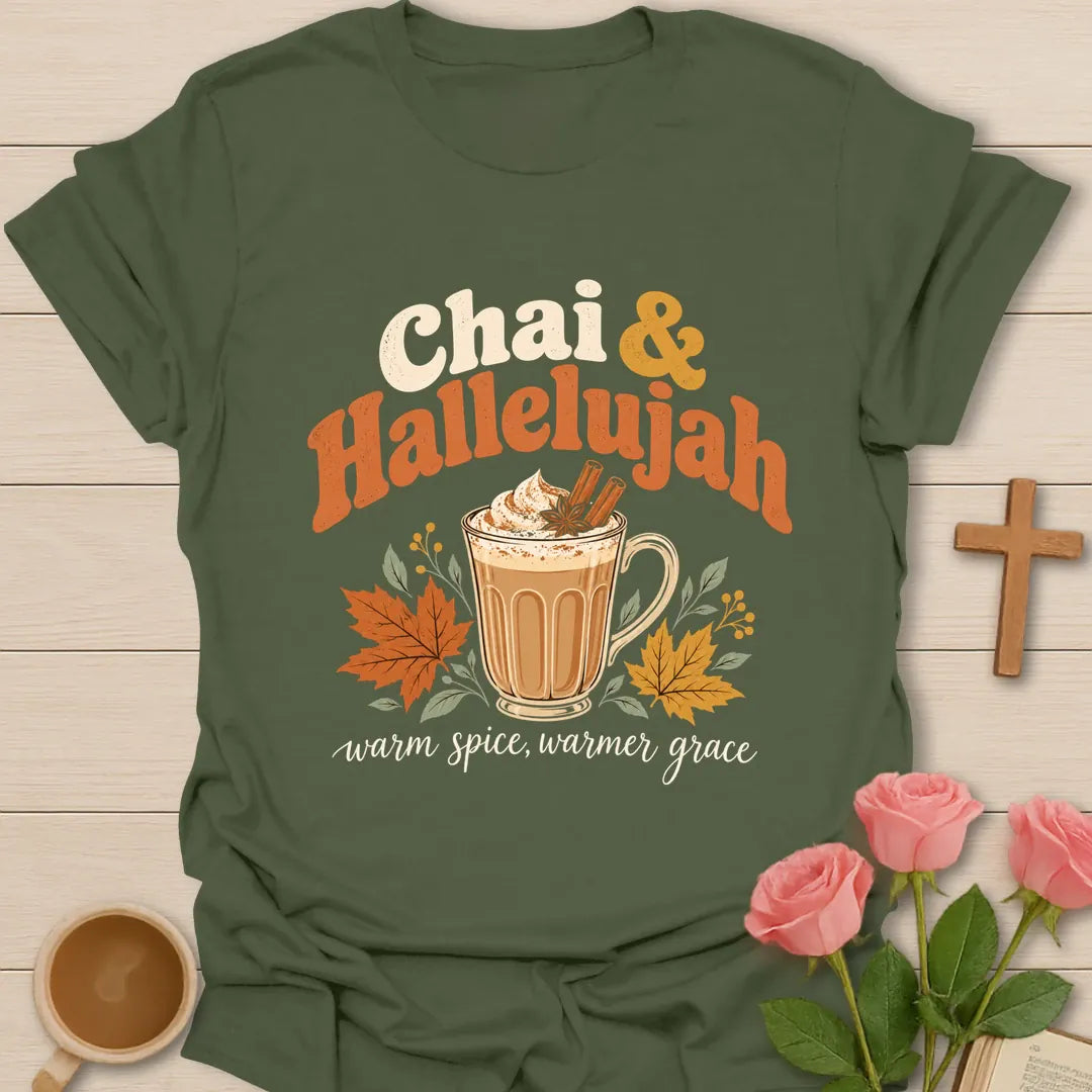 Chai & Hallelujah Christian t-shirt with tea-inspired lettering and faith design - Military Green