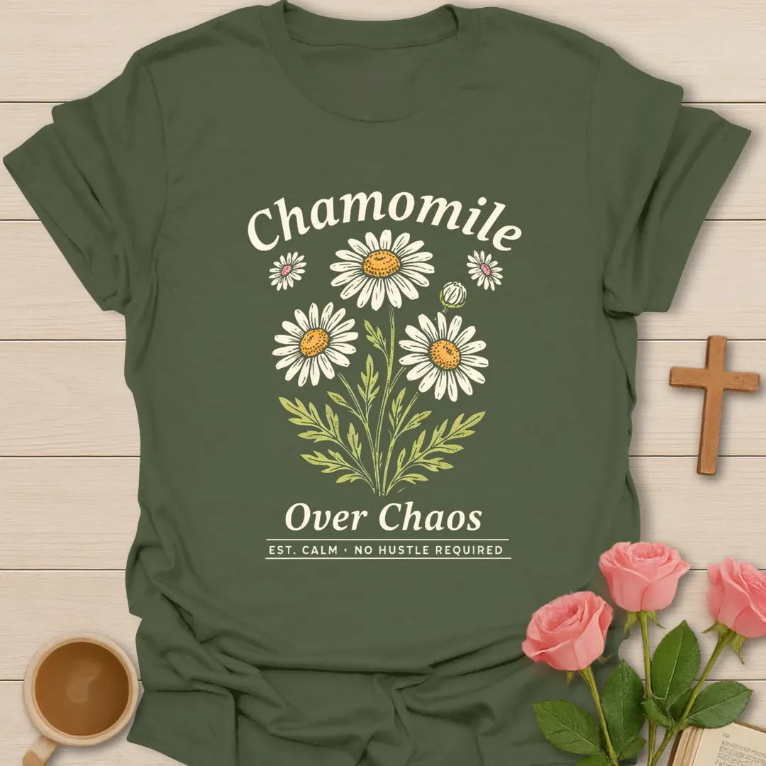Chamomile Over Chaos shirt with chamomile flowers, cream vintage lettering, and no hustle required text. - Military Green
