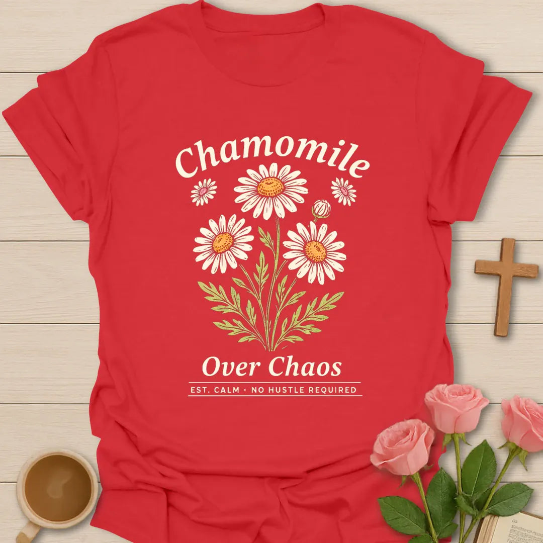 Chamomile Over Chaos shirt with chamomile flowers, cream vintage lettering, and no hustle required text. - Red