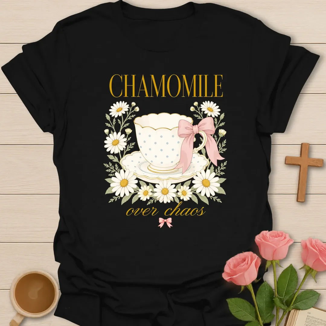 Chamomile shirt with teacup, florals, and cream vintage lettering. - Black