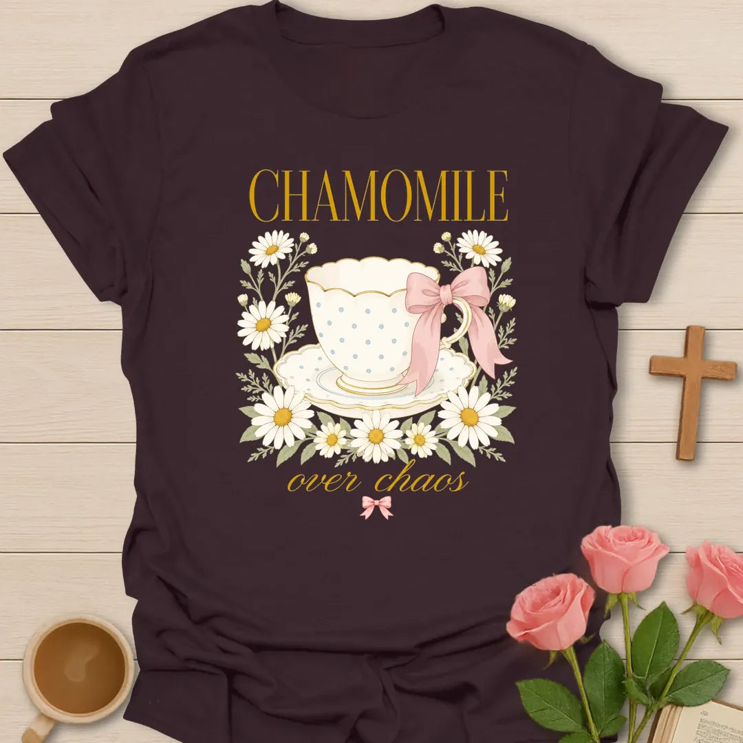 Chamomile shirt with teacup, florals, and cream vintage lettering. - Dark Chocolate