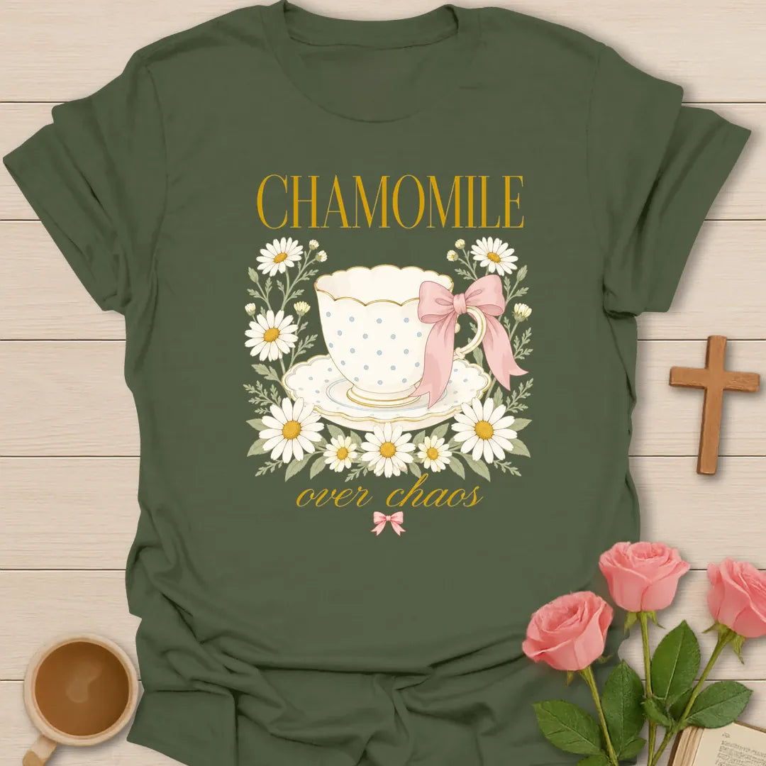 Chamomile shirt with teacup, florals, and cream vintage lettering. - Military Green