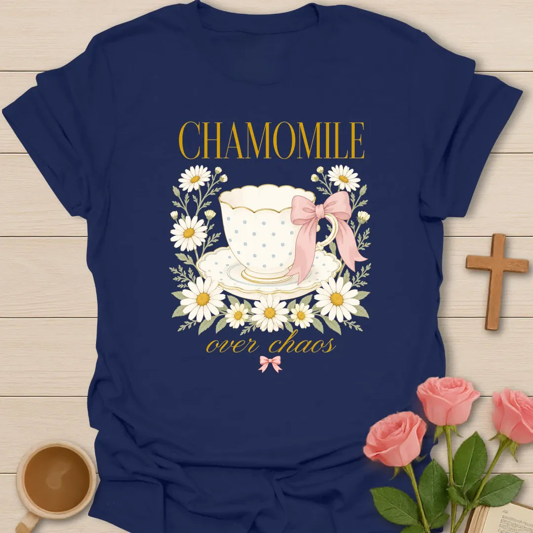 Chamomile shirt with teacup, florals, and cream vintage lettering. - Navy