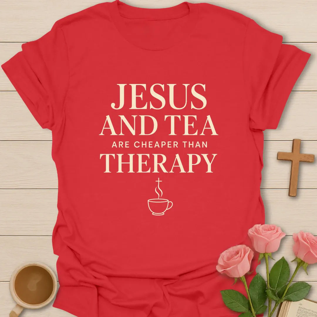 Cheaper Than Therapy shirt with teacup, playful lettering, and faith-inspired design. - Red