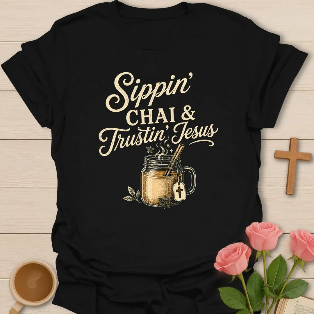 Sippin Chai and Trustin Jesus shirt with mason jar chai, straw, cross tea tag, steam, flowers, and cream vintage lettering. - Black