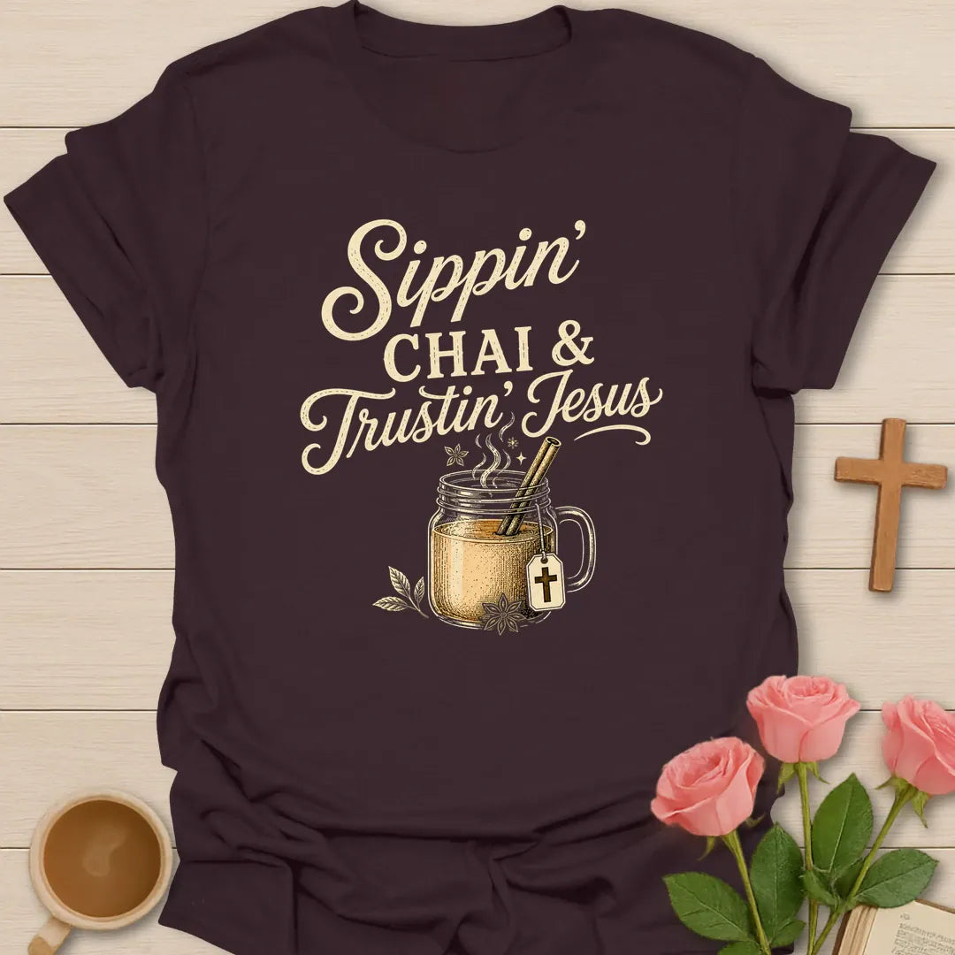 Sippin Chai and Trustin Jesus shirt with mason jar chai, straw, cross tea tag, steam, flowers, and cream vintage lettering. - Dark Chocolate