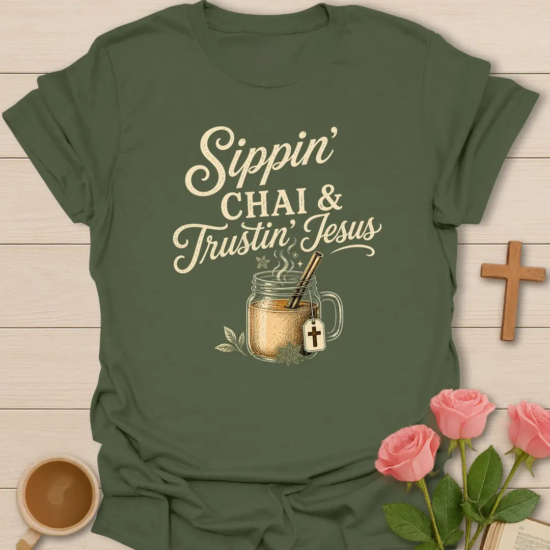 Sippin Chai and Trustin Jesus shirt with mason jar chai, straw, cross tea tag, steam, flowers, and cream vintage lettering. - Military Green