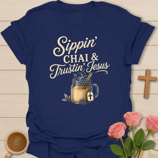 Sippin Chai and Trustin Jesus shirt with mason jar chai, straw, cross tea tag, steam, flowers, and cream vintage lettering. - Navy