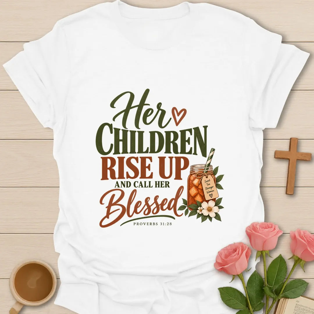 Children Call Her Blessed Christian t-shirt with Proverbs 31 inspired lettering - White