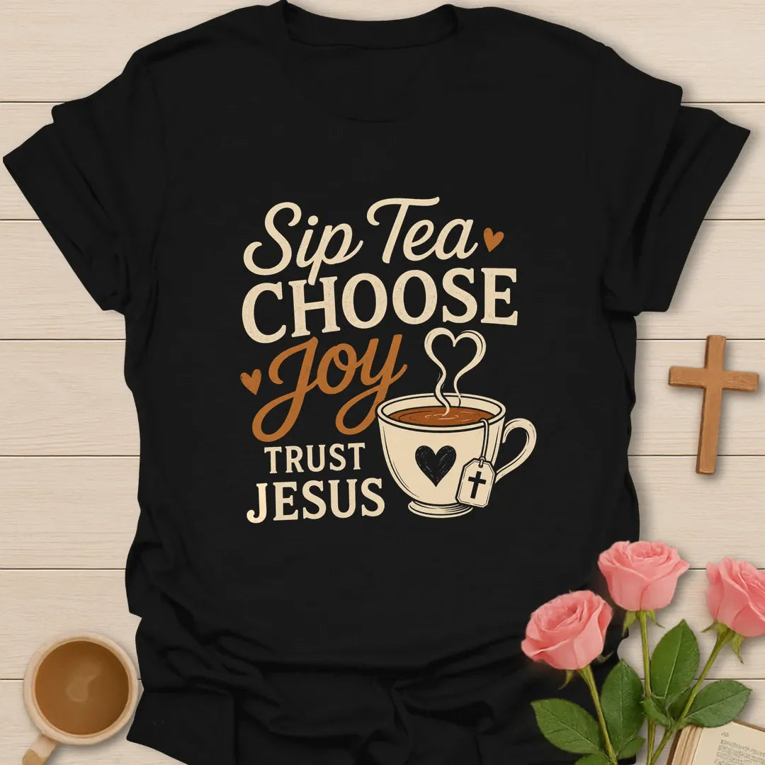 Choose Joy Tea Christian t-shirt with warm lettering and faith-inspired design - Black