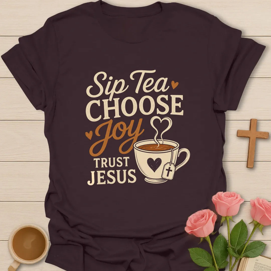 Choose Joy Tea Christian t-shirt with warm lettering and faith-inspired design - Dark Chocolate