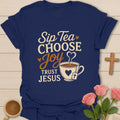 Choose Joy Tea Christian t-shirt with warm lettering and faith-inspired design - Navy