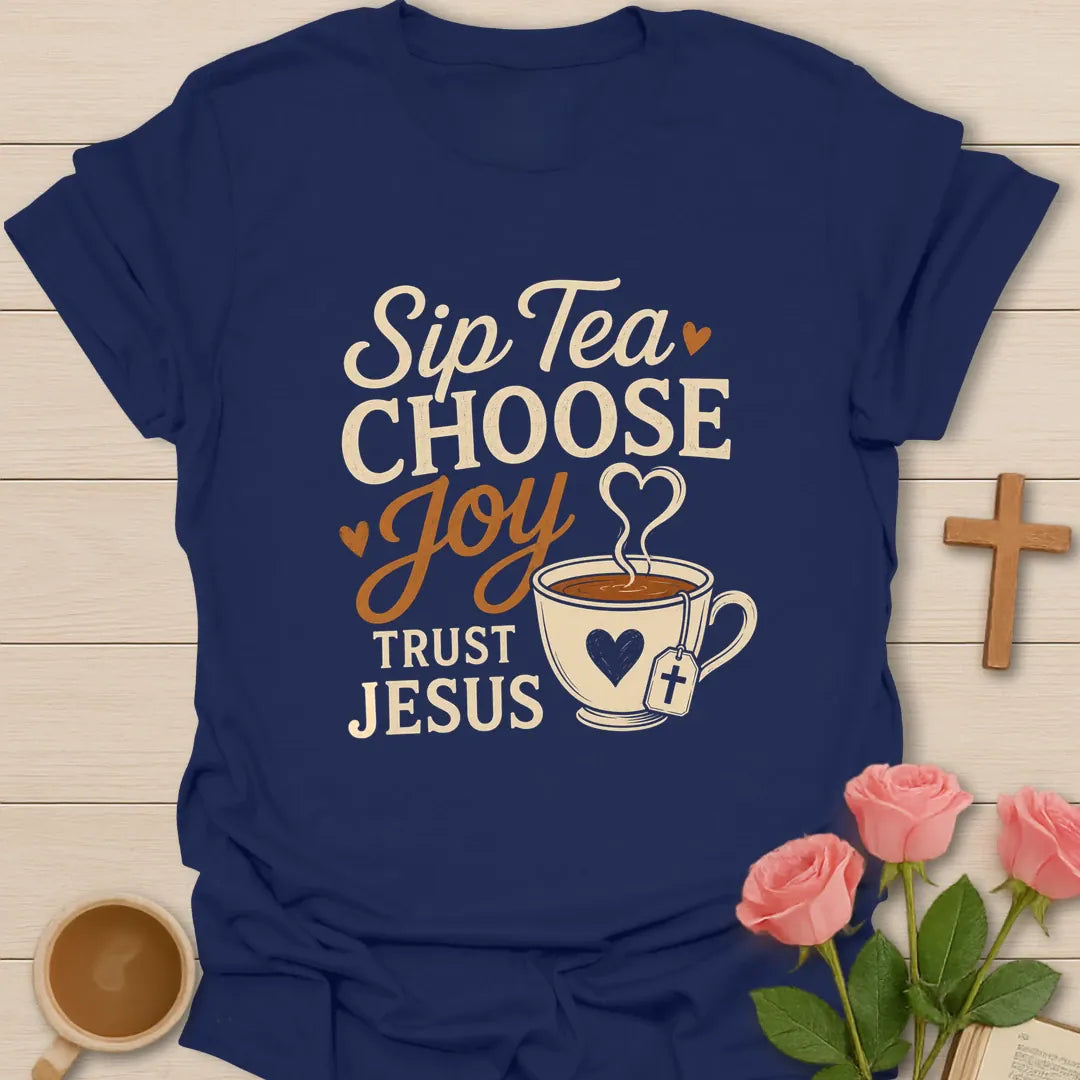Choose Joy Tea Christian t-shirt with warm lettering and faith-inspired design - Navy