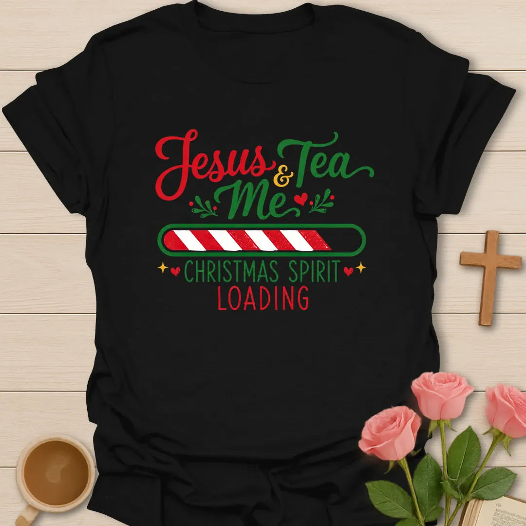Christmas Spirit Loading Christian tea T-shirt with candy cane loading bar and Jesus Tea and Me text - Black