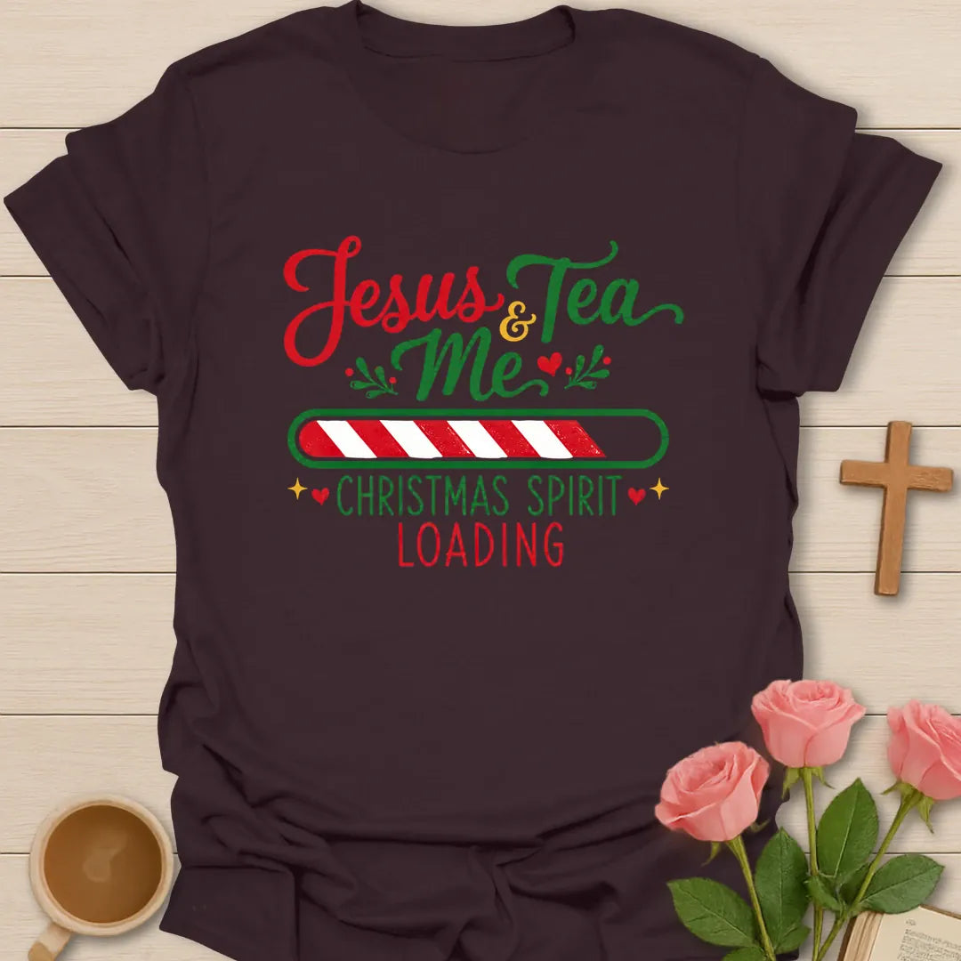 Christmas Spirit Loading Christian tea T-shirt with candy cane loading bar and Jesus Tea and Me text - Dark Chocolate