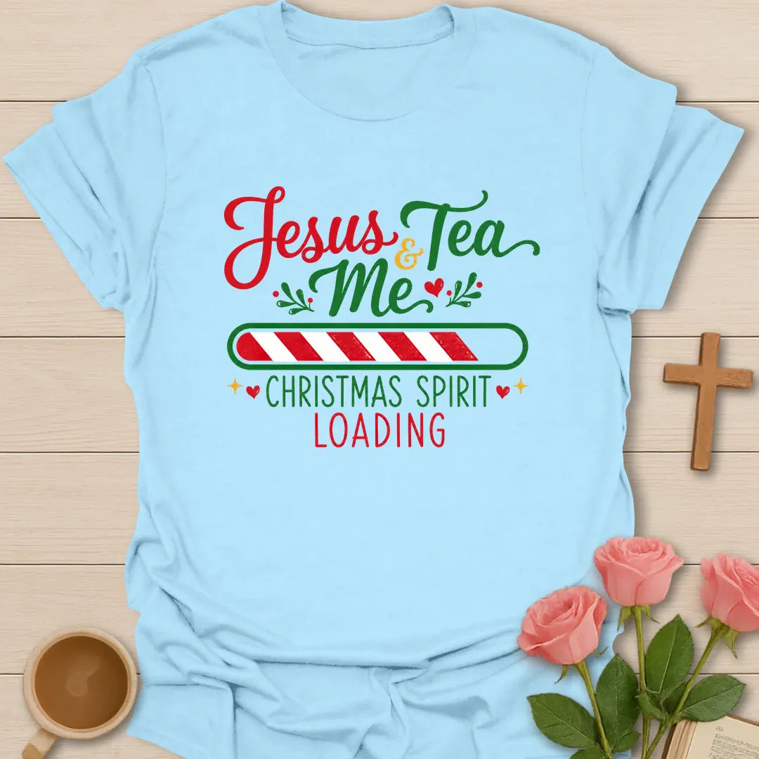 Christmas Spirit Loading Christian tea T-shirt with candy cane loading bar and Jesus Tea and Me text - Light Blue